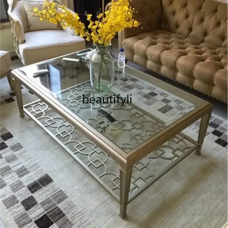

American living room light luxury solid wood rectangular stainless steel hollow tempered glass coffee table9344