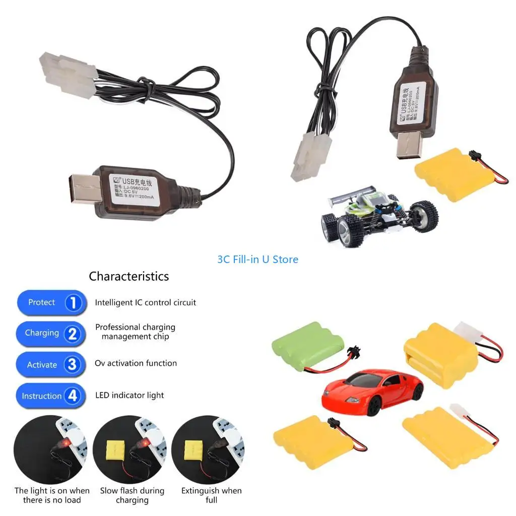 G8TA USB Charging Cable For 9.6V NiMH NiCD Remote Car Battery With Safety Protections And Charging Statuses Indicators