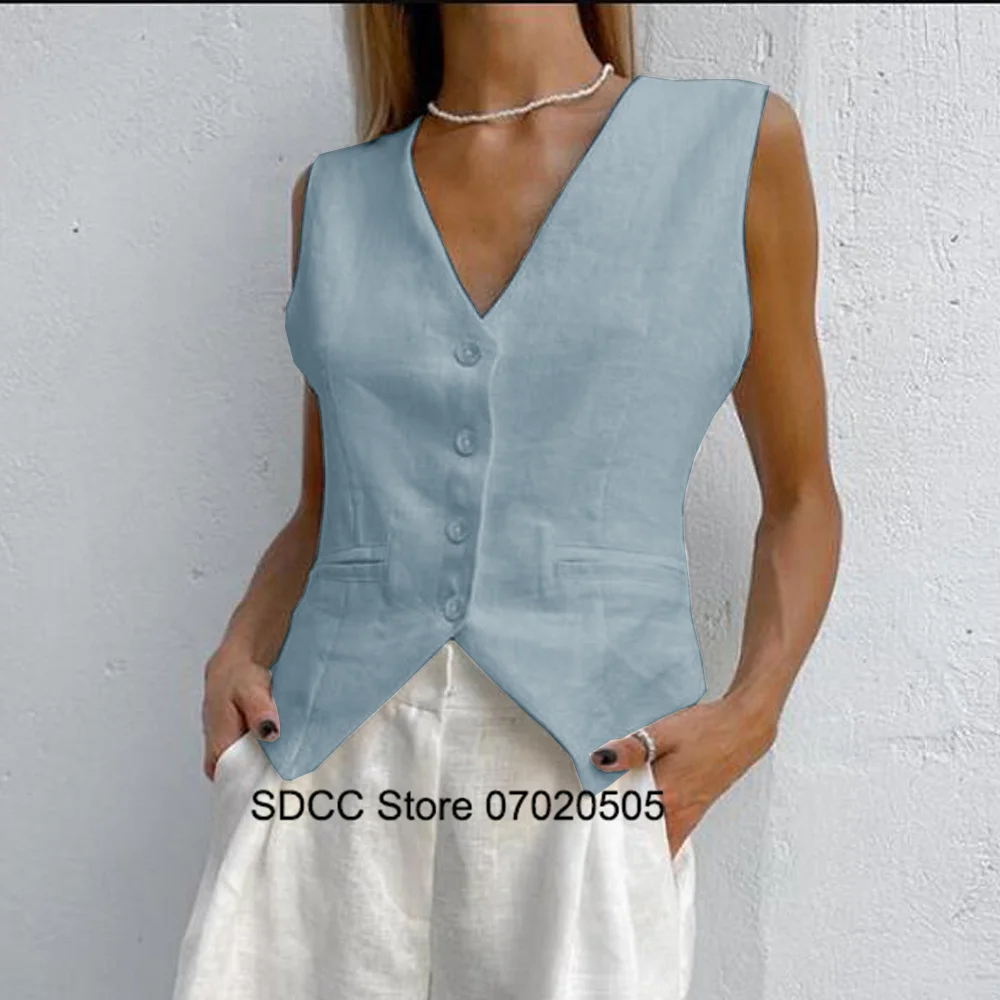 Women's Linen V Neck Sleeveless Single Breasted Vest Casual Elegant Youthful Woman Clothes Tops for Summer 2024 Clothing Top
