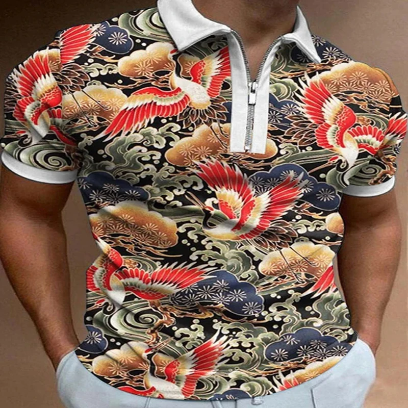 Crane Tattoo Pattern 3D Print Polo Zipper Short Sleeve Shirt for Men