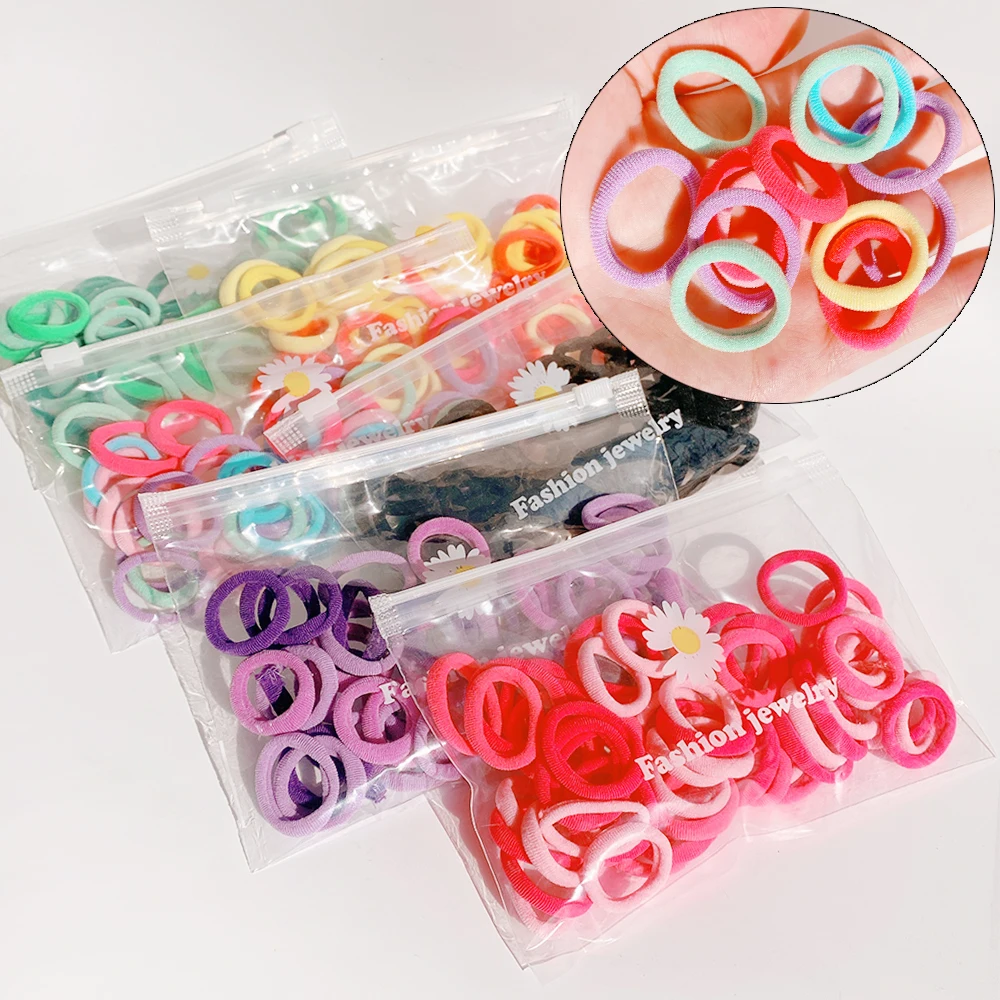 50Pcs/Bag Cotton Solid Color Girls Hair Band Children's Rubber Band Head Rope Ponytail Styling Hair Ring Hair Accessories 3cm