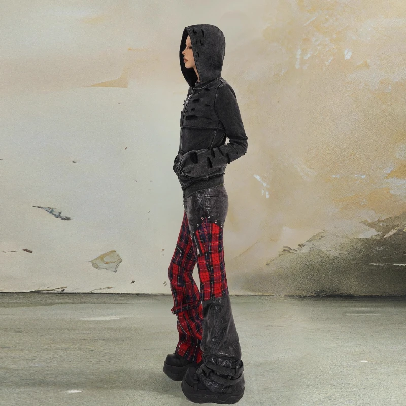 Design original estilo punk emenda preto vermelho xadrez calças femininas outono novo doce legal quente menina rua emagrecimento calças senhoras