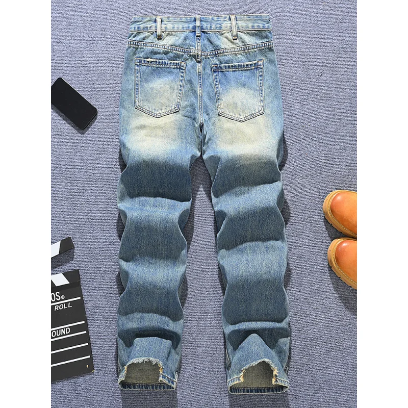 봄과 여름 트렌디 브랜드 남성용 아메리칸 레트로 루즈 스트레이트 레그 청바지, 청소년 패션 다용도 하이 스트리트 바지