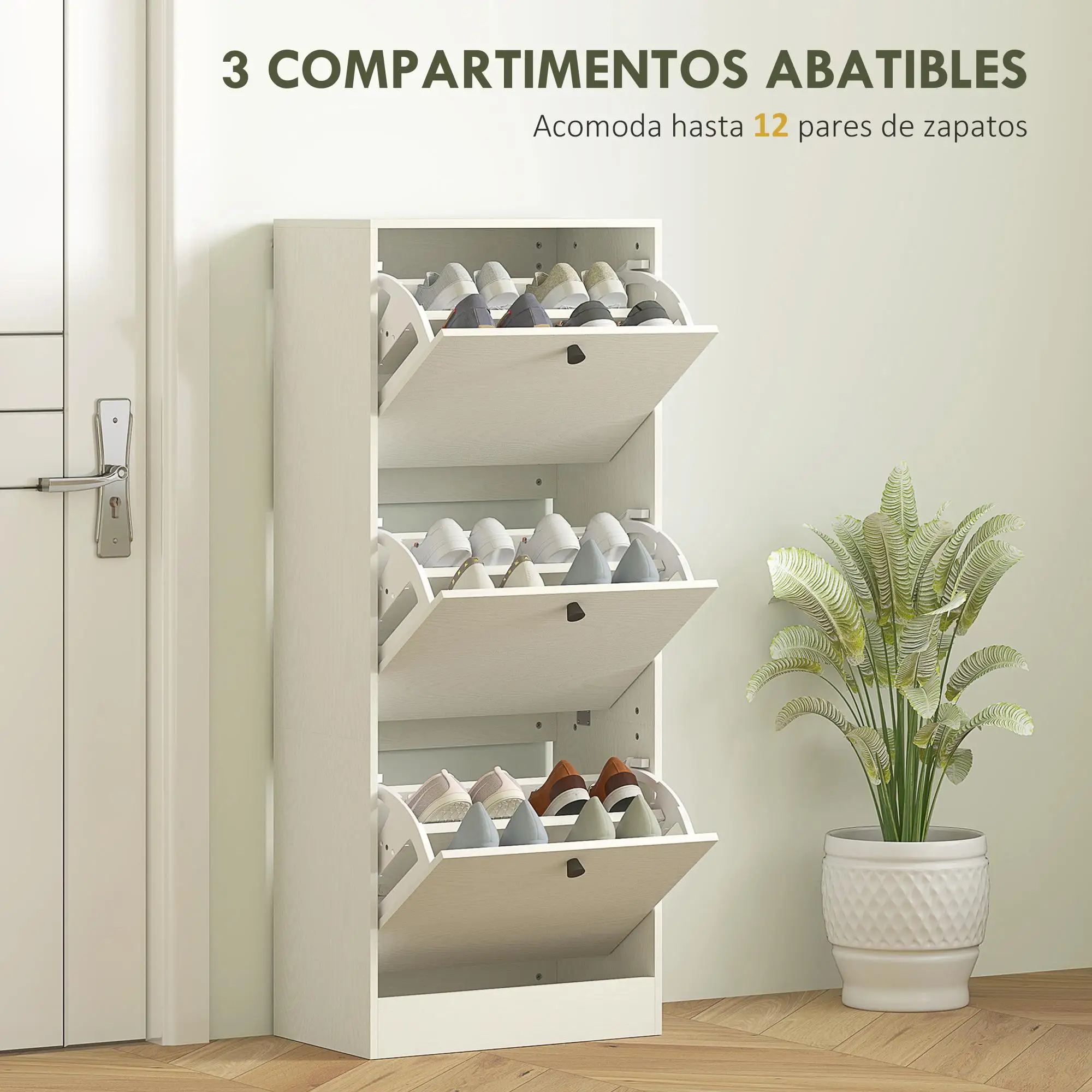 Meuble à chaussures moderne en mélamine, design 3 portes, blanc, avec planchers réglables, capacité jusqu'à 12 paires de chaussures, 47x28x115 cm