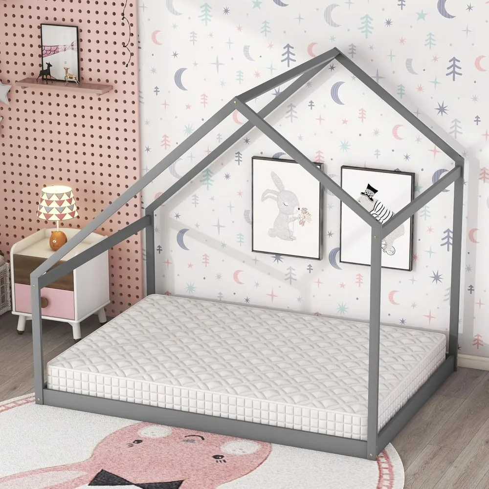 Marcos de cama de tamaño completo con techo para niños, forma de casa de madera Montessori, estructura resistente, fácil montaje, sin ruido