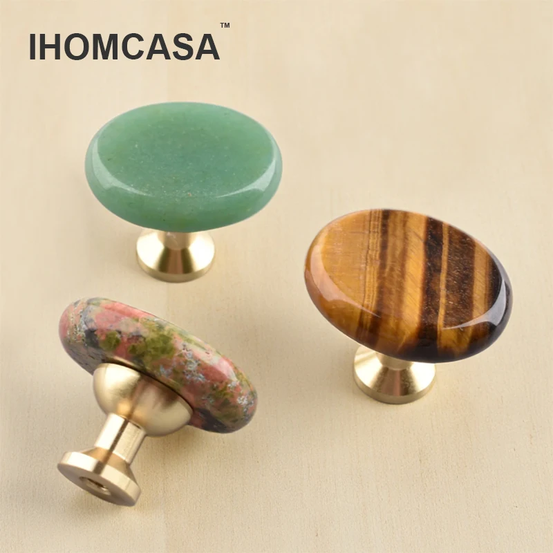 30×20mmSmall Oval Furniture Handle Brass Jewelry Box Drawer Door Knob Cupboard Dressing Cabinet Pulls Crystal Agate Stone Handle