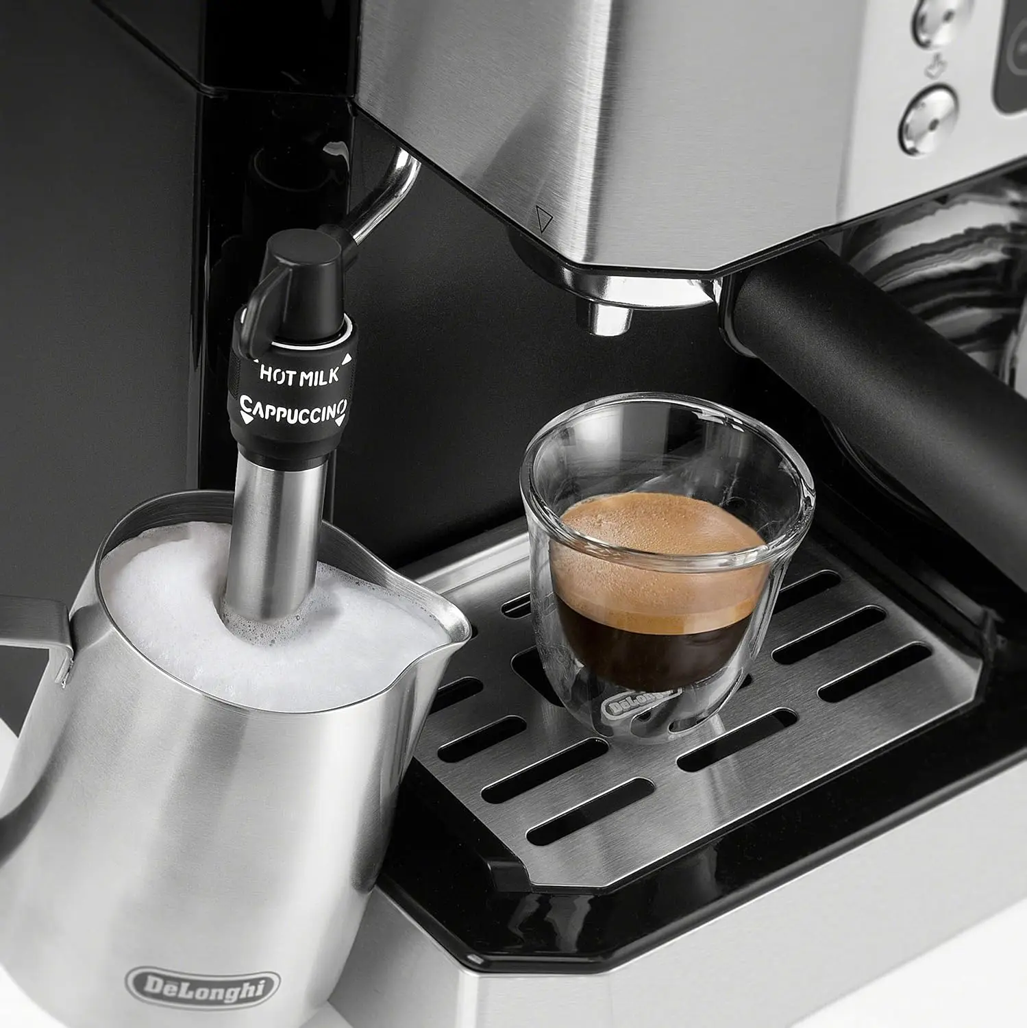 De'Longhi All-in-One Combination Coffee Maker & Espresso Machine + Advanced Adjustable Milk Frother for Cappuccino&Latte + Glass