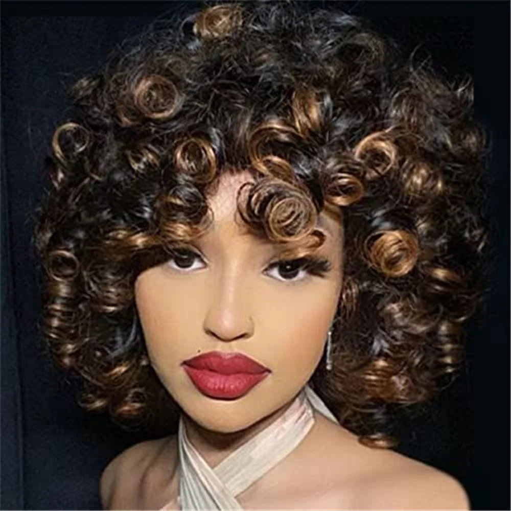 Highlight Curly Pixie Cut Wigs Human Hair Glueless Wigs Fringe Full Machine Made Wigs With Bangs Fringe Human Hair Wigs Hairugo