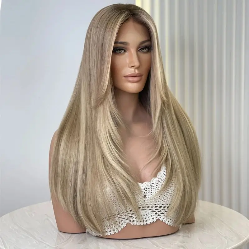 Natural Layered Money Piece Golden Blonde Wig Highlight Lace Front Wig Synthetic Lace Wig Loose Wavy Heat Safe Fibre Cosplay