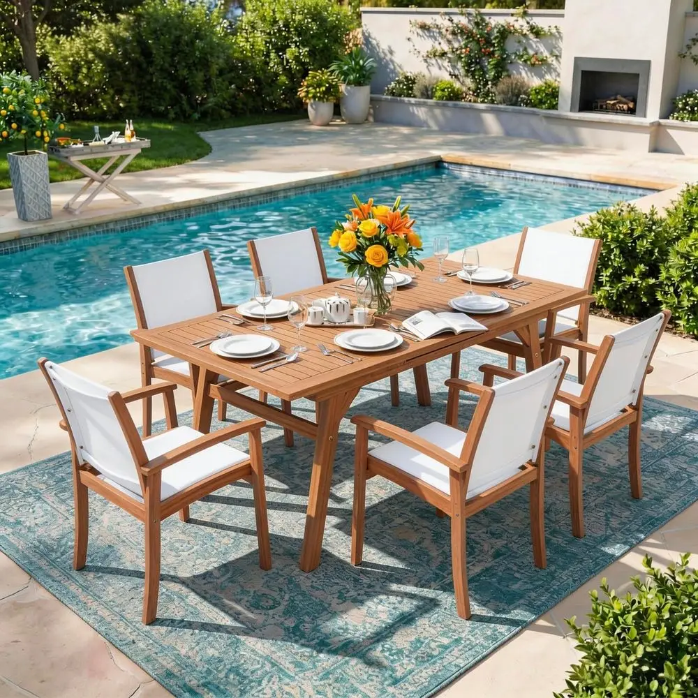 

Patio Furniture Set, Acacia Wood Patio Dining Set for 68, Outdoor Expandable Table and Chairs Set with Umbrella Hole and Breath