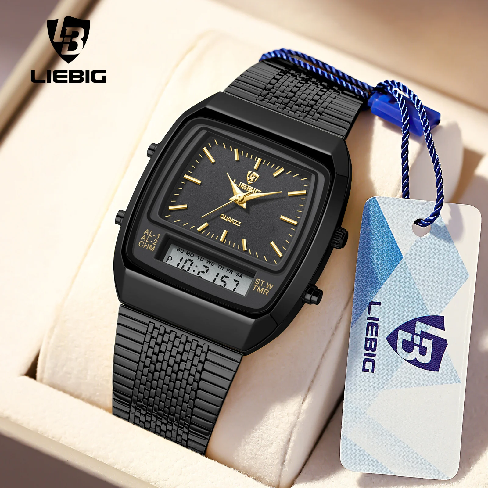 LIEBIG Youth Cool Analog Digital Display Quartz Wristwatches For Men Luxury Stainless Steel Waterproof Week Sport Watch Alarm