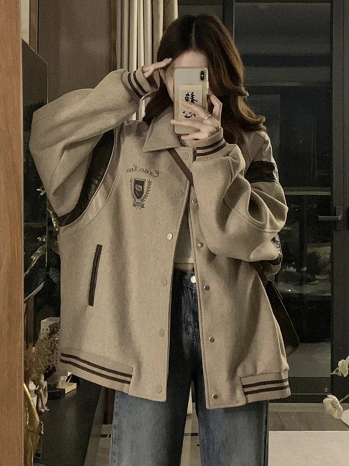 Women's Nylon Plaid Safari Baseball Jacket side profile demonstrating round-neck design and relaxed silhouette