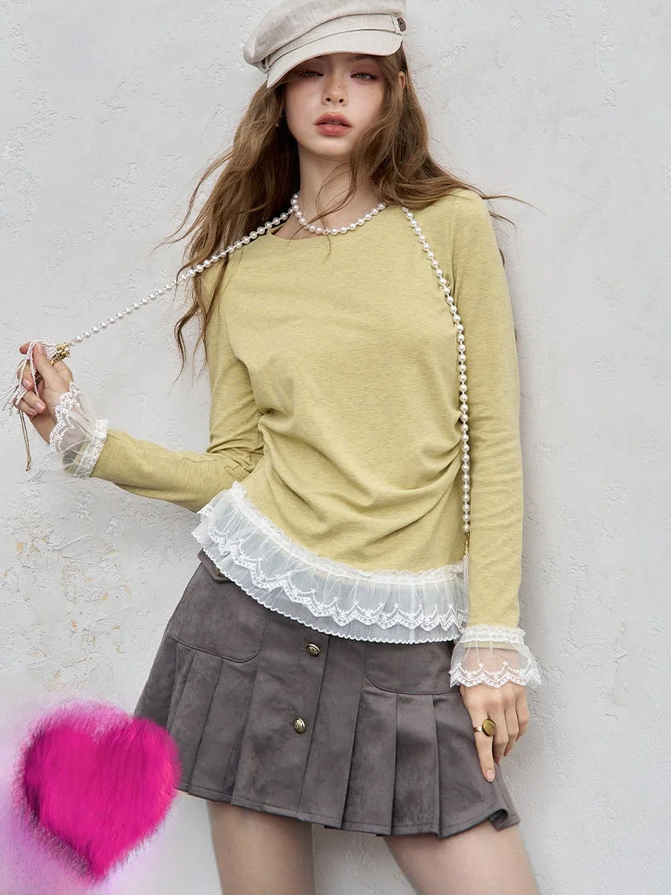 

Романтическая футболка с кружевными вставками и длинными рукавами, женская приталенная футболка в корейском стиле, повседневная одежда от Elf Sa Fairy's ket