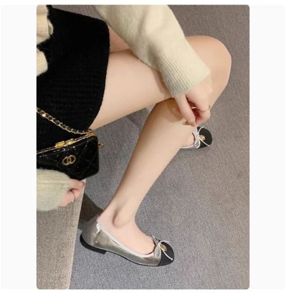 

French style small fragrant flat shoes Casual Ballerina Bow Ballet Shoes 2025 new summer Soft Moccasin Black with Apricot Lolita