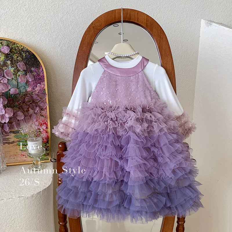 Girls' sequin neck hanging set 2026 Spring and Autumn new sweet beauty baby fluffy princess gauze skirt two-piece set