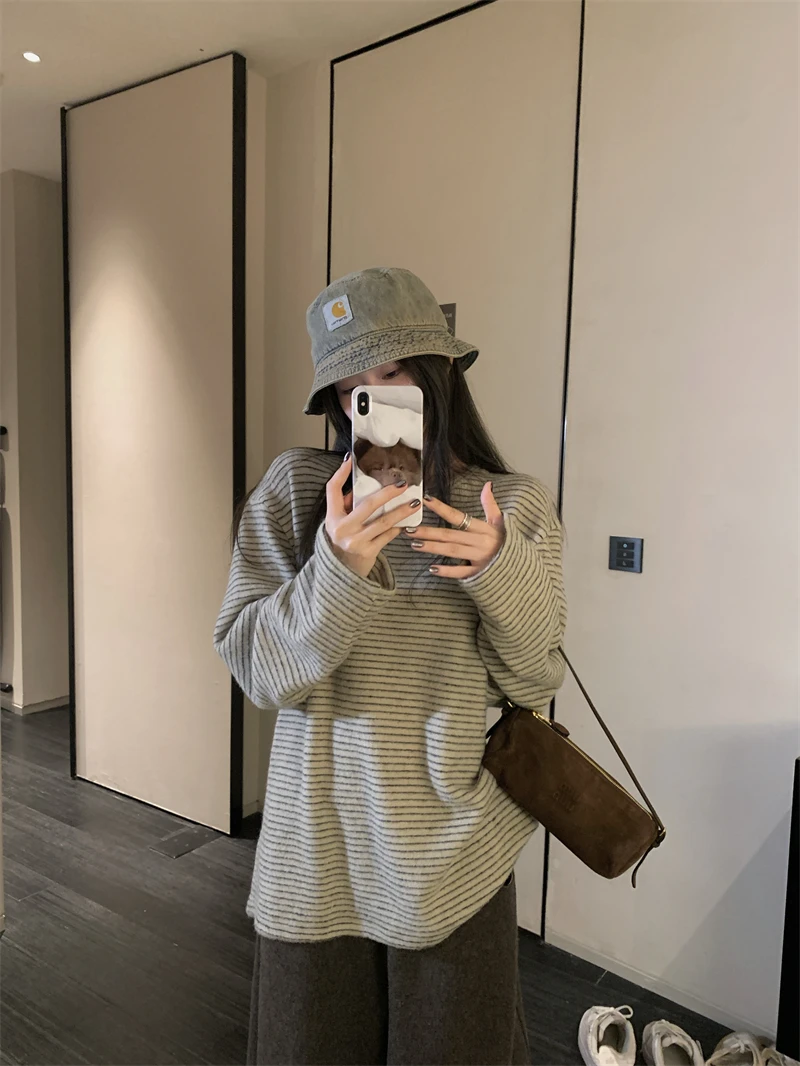 

Свободная женская футболка с длинным рукавом, в цветную полоску, из хлопка, в корейском стиле, удобная, мягкая, с круглым вырезом