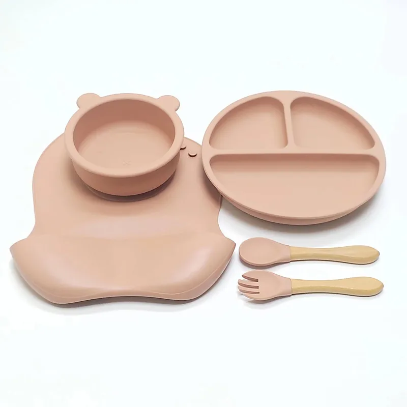 Silicone children's 5PCS tableware suction cups fall-proof baby complementary food separated meal plate set