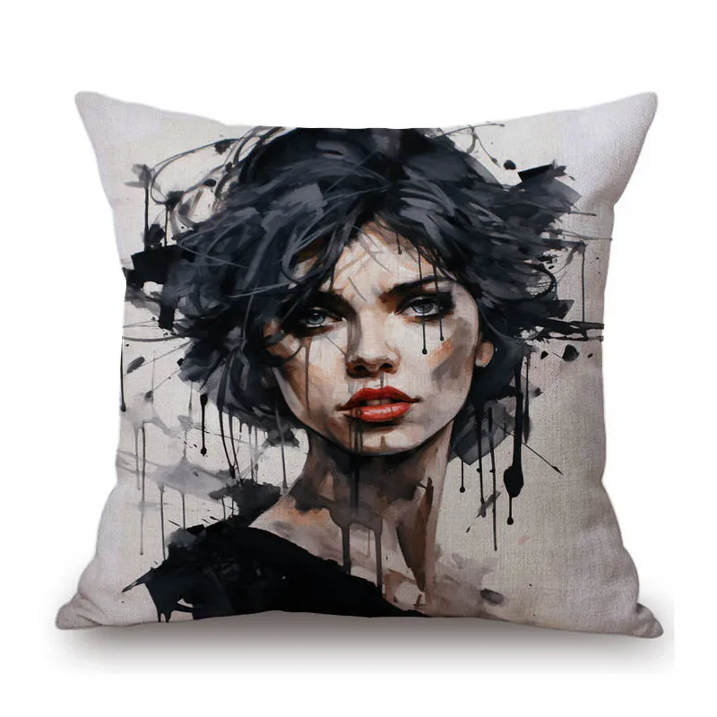 Modern Art Ink Splash Painting Fashion Girl Lady Portrait Beautiful Face Home Decorative Sofa Throw Pillow Case Cushion Cover