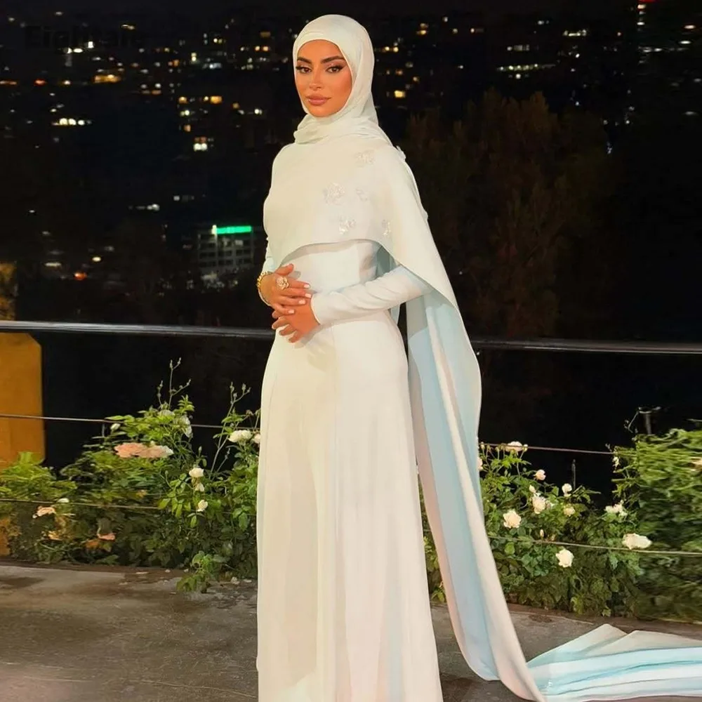 

Eightale Arabic Evening Dress Customized O-Neck 3D Flowers Stretchy Satin Long Sleeves Muslim Mermaid Prom Wedding Party Gowns