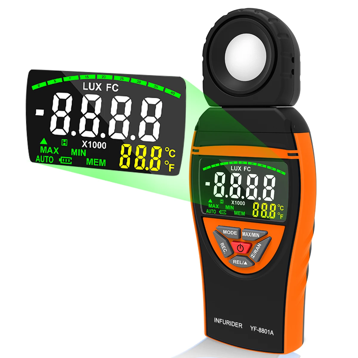 

Digital Illuminance Light Meter - Measures 0.1-400,000 Lux (0.1-40,000 FC) with 270° Rotatable Detector & Multicolor Backlight