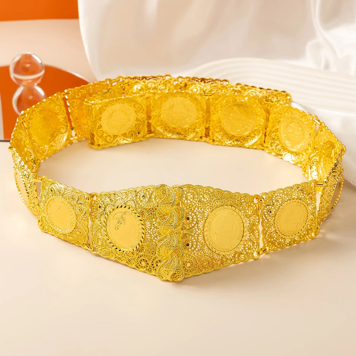 

Golden Coin Waist Belt Hollow Carved Human Figure Patterns Design Arabic