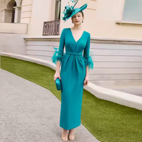Elegant Mother of Bride Dress for Women Feathers Prom Dress for Formal Party Peacock V Neck Tea Length Evening Gowns Midi