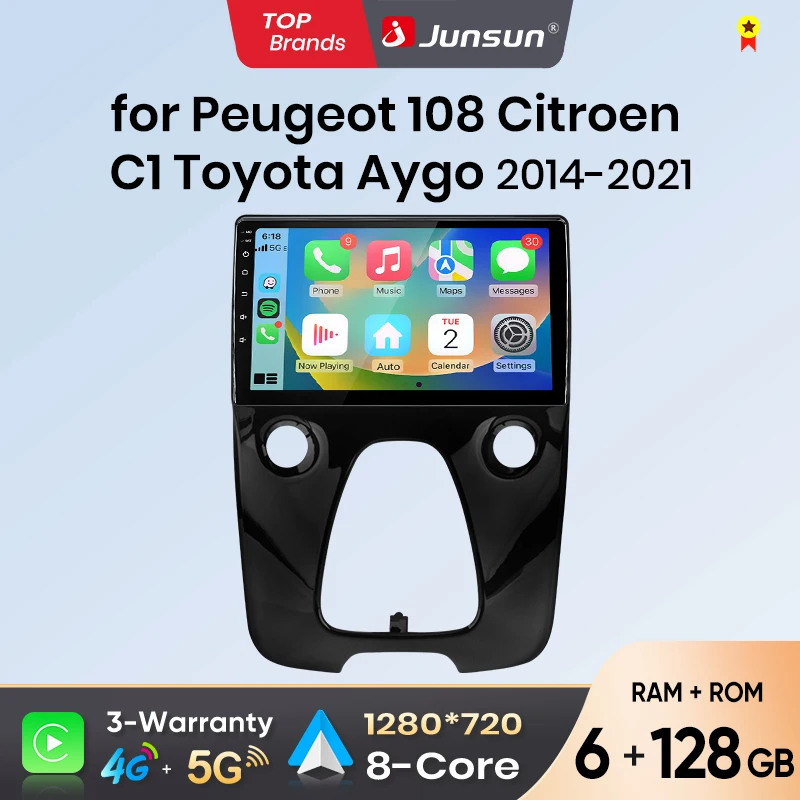 Autoradio Android Auto Junsun pour Peugeot 108 Citroen C1 Toyota Aygo Mk2 2014 2015-2021, système multimédia sans fil Apple CarPlay, écran tactile IPS, lecteur vidéo stéréo, autoradio 2 Din,