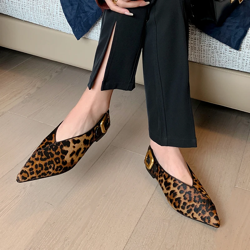 2025 New Fashion Single Shoes Ballet Shoes Women\'s Retro Leopard Print Genuine Leather Pointed Toe Pumps Lady Shoes for Women