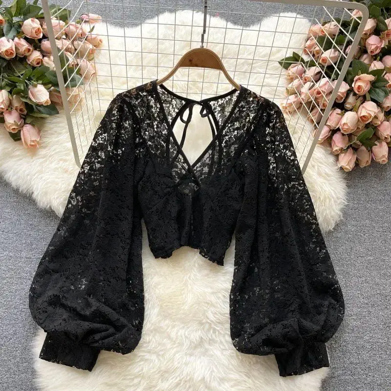 Autumn Black/White/Brown Sexy Lace Blouse Women Elegant V-Neck Puff Long Sleeve Open Back Short Tops Female Party Blusas 2024