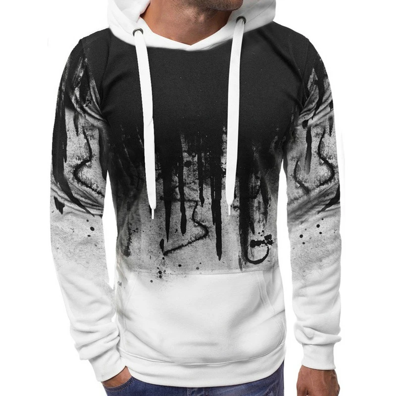 New men's casual outdoor sports hoodie, fashionable sports pullover, long sleeved personalized splashed ink printed sweatshirt