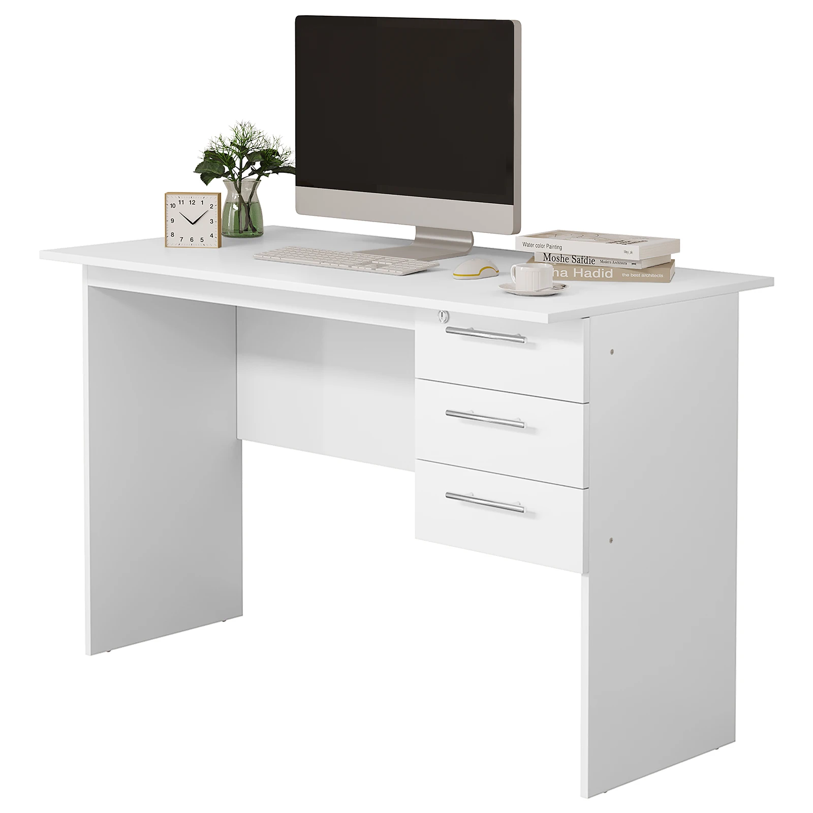 WOLTU Büro-Computertisch, weiß/schwarz, Spanplattentisch, PC-Arbeits- und Lerntisch mit Schloss, 3 Schubladen für Schlafzimmer, Schreibtische