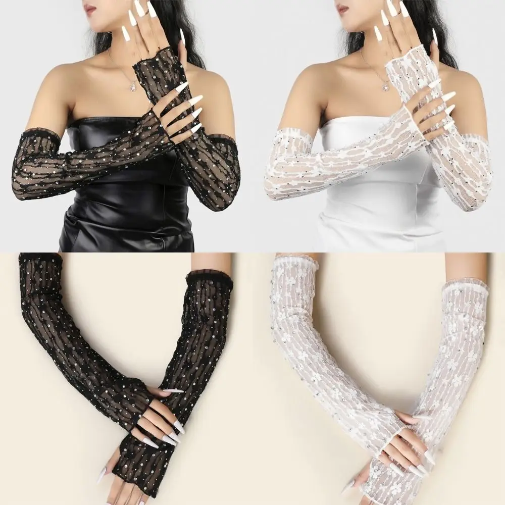 

1 Pair Retro Long Lace Gloves Glitter Elasticity Rhinestone Gloves Breathable Sparkling Fingerless Gloves for Women