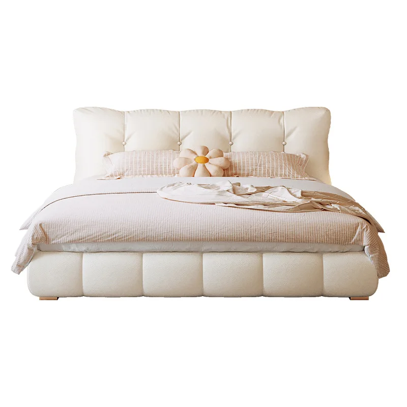 

First layer leather bed simple modern light luxury cream style white puff bed