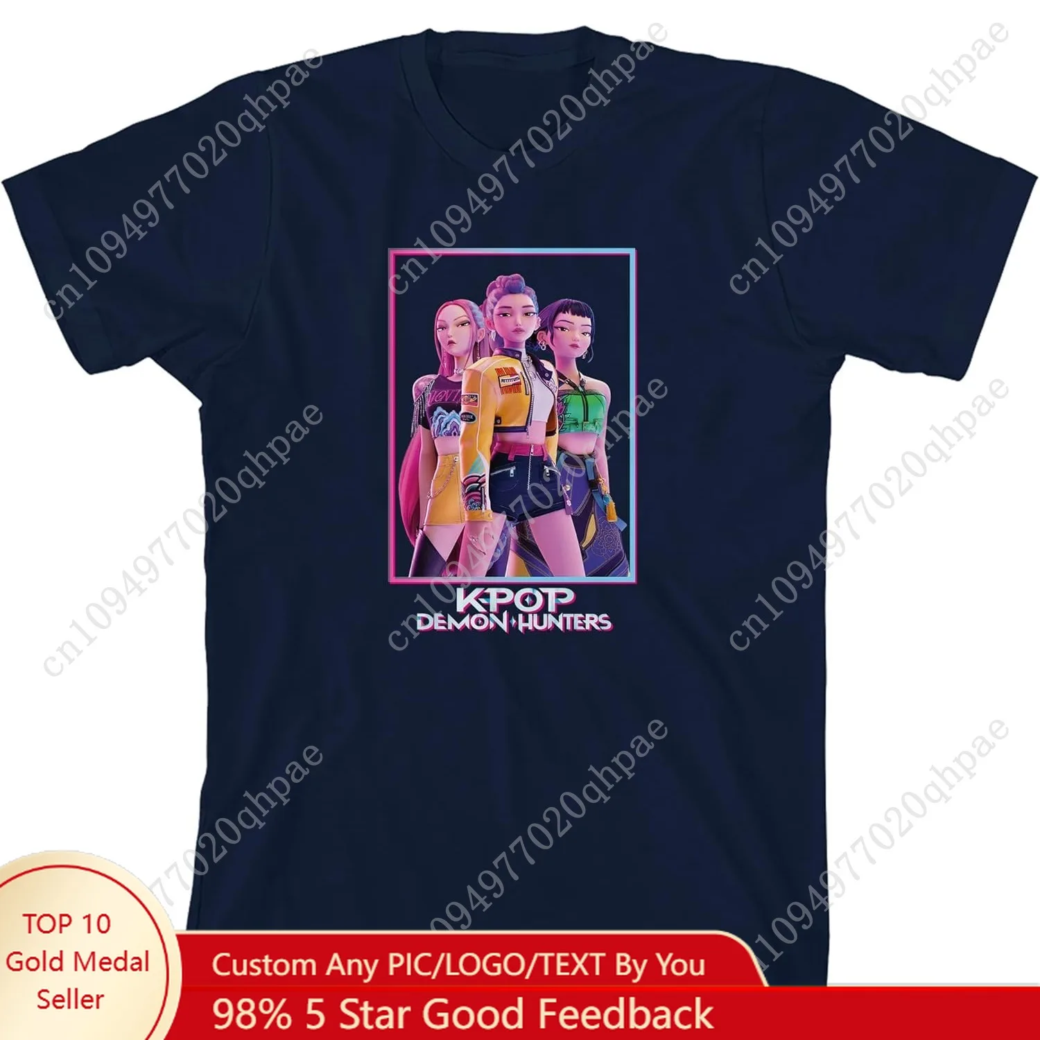 تي شيرت Kpop Demon Hunters Box Art Huntrix Youth Navy برقبة دائرية وأكمام قصيرة #1
