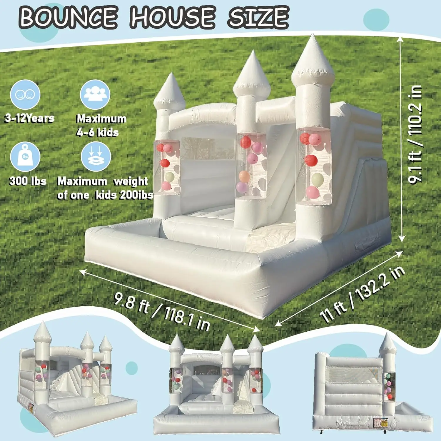 10FT Inflatable White Bounce House Bouncy Castle with Air Blower,Ball Pool and Slide for Wedding Party Kids Birthday Party
