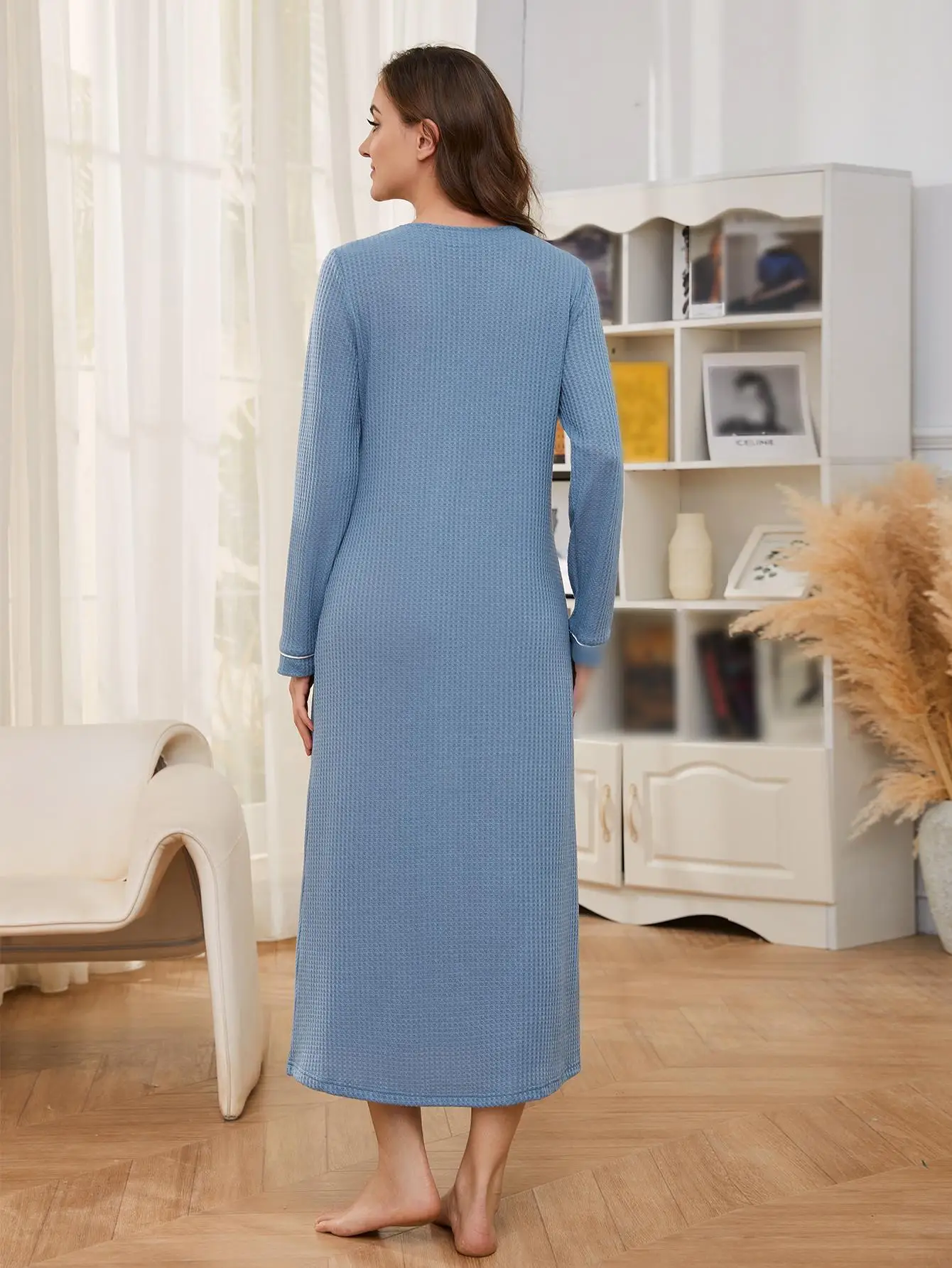 Front Button Knitted Women Nightgown V Neck Long Sleeves Female Sleepwear With Chest pocket Solid Atumn Spring Nightwear Homwear