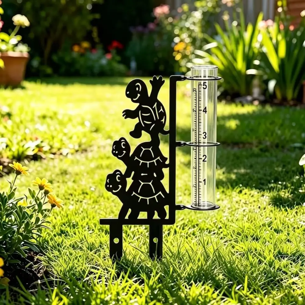 Iron Art Metal Frog Rain Gauge Stake Removable Weatherproof Outdoor Glass Tube Rain Gauge Umbrella Frog Shaped with Scale
