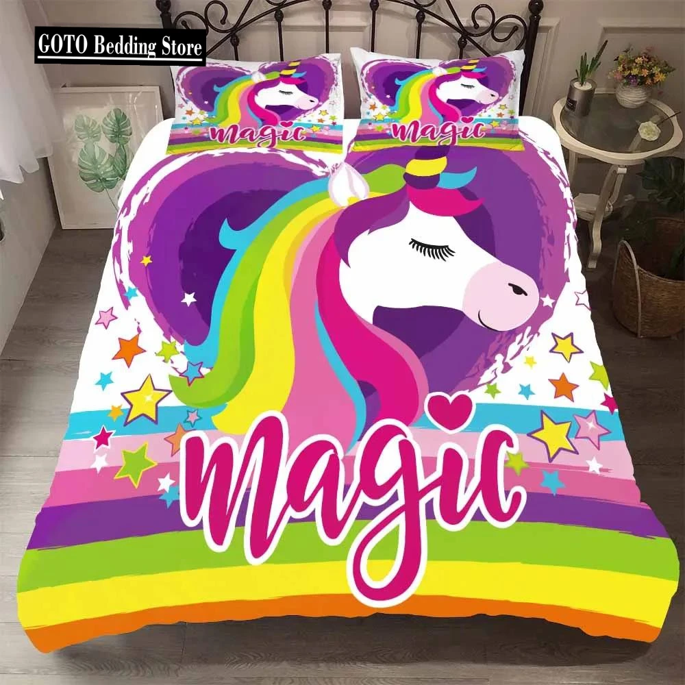 Cartoon Pink Bedding Sets 2/3 Pcs Duvet Cover Set Pillowcases Starry Sky Rainbow Unicorns Bedding Set for Girl EU Twin Single