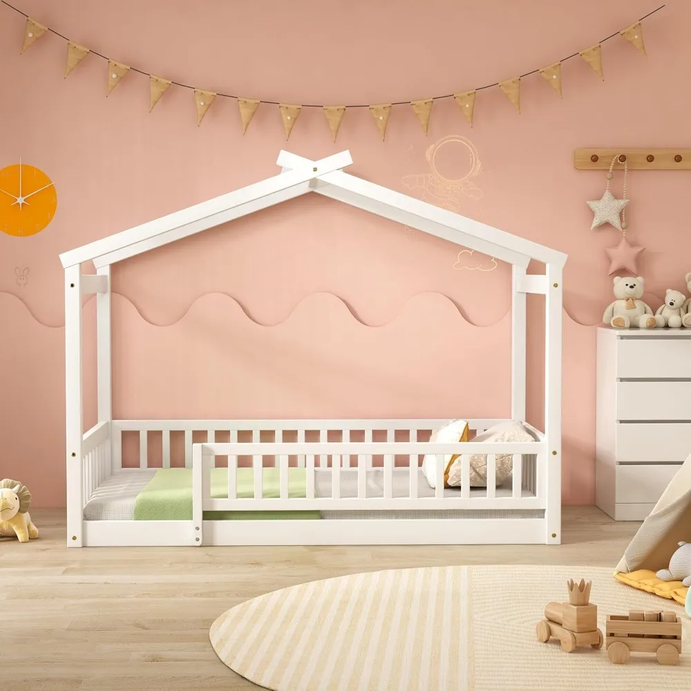 Lit double de plancher Montessori, cadre de lit de maison en bois, lit de plancher de maison pour les enfants, lit de plancher Montessori avec clôture