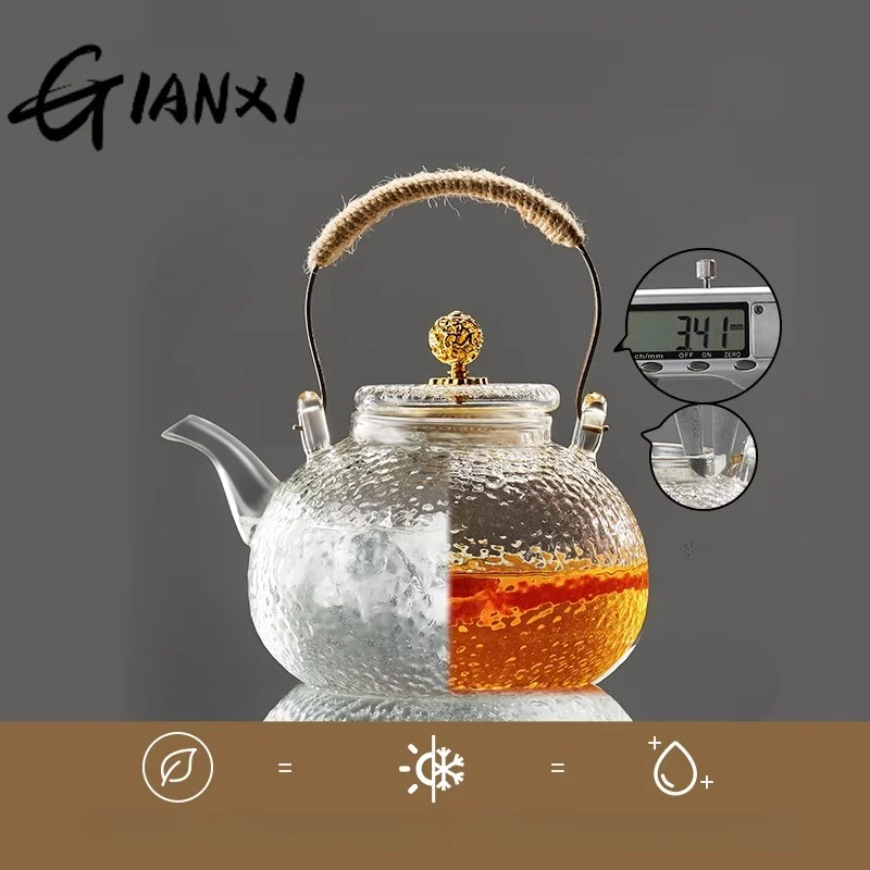 GIANXI Glass Teapot Set Chinese Home Large Capacity Receive Guests Kung Fu Teapot Set Hammer Design Woven Hemp Rope Beam Tea Pot