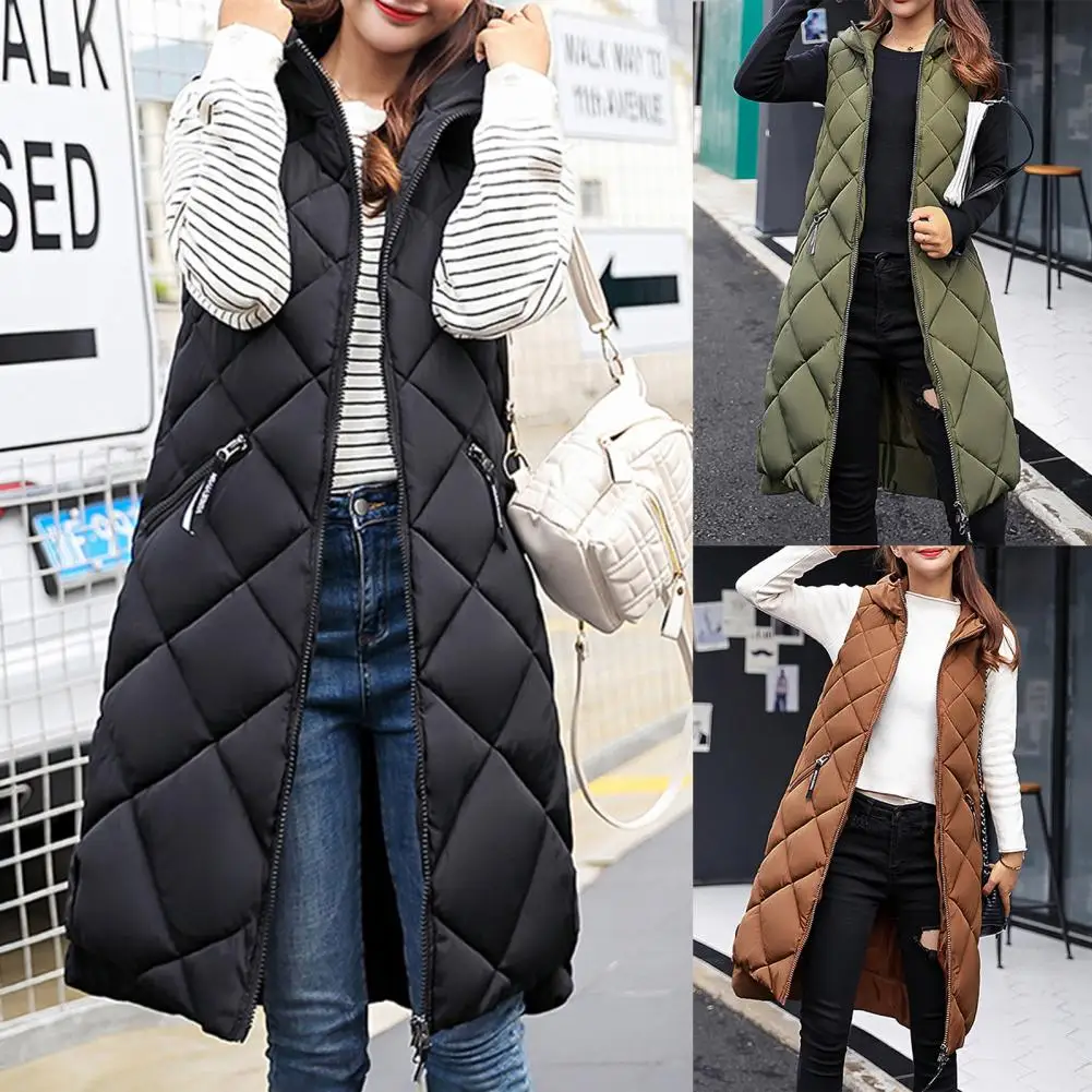 Autumn Winter Women Long Parkas Vest Warm Black Zipper Hooded Down Coat Parka Ladies Sleeveless Waistcoat Jacket Outwear