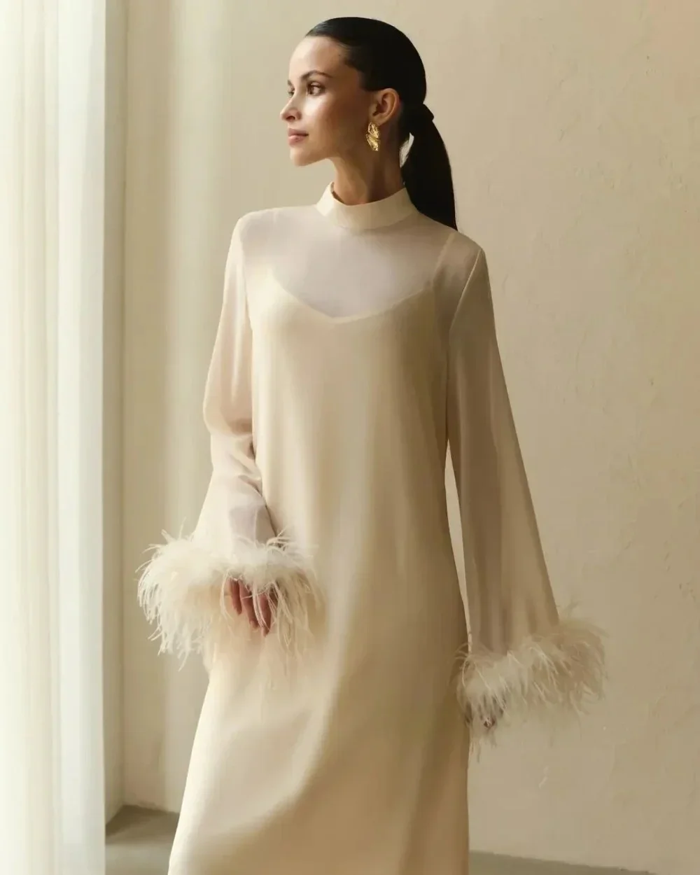 JDY Personalizzato Squisito Chiffon Piuma Pieghettato Tubo Dritto O-Collo Abito Midi Abito da Cocktail Moderno Stile Pastorale Cinese