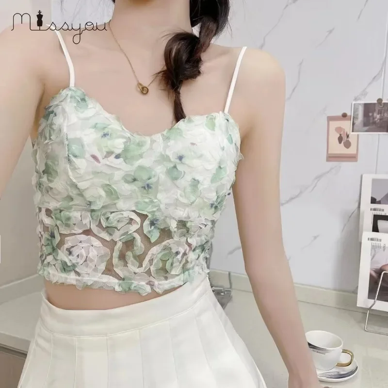 Sommer Süße Floral Korsett Weste Büro Dame Strand Stil Ärmellose Bluse Frauen Vintage Spitze Schlank Crop Top Koreanische Mode