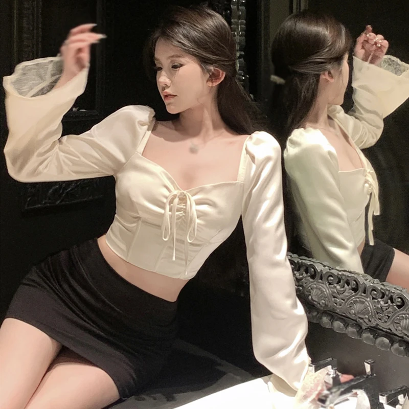 Women\'s Square Neck Lace Splicing Tie Long Sleeve Blouse Top Satin Revealing Flared Sleeve Pullover Shirt