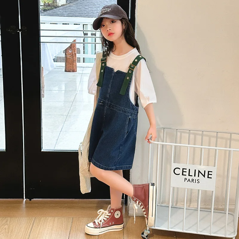 

Girls Suits Summer Denim Shorts Set 2024 New Medium and Large Children Casual Loose Waist T-shirt Short Sleeve Simple Casual