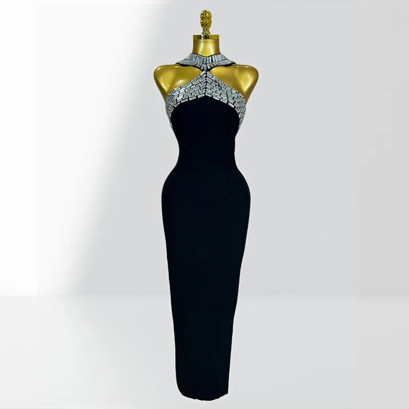 2026 Sparkling Crystal Sexy X-Neck Sleeveless Bandage Long Dress Graceful Woman Birthday Party Dress Weeding Party Vestido