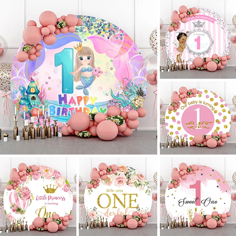 

Little Princess 1st Birthday Girls Round Backdrop Newborn Baby Shower Party Pink Mermaid Sweet One First Circle Photo Background