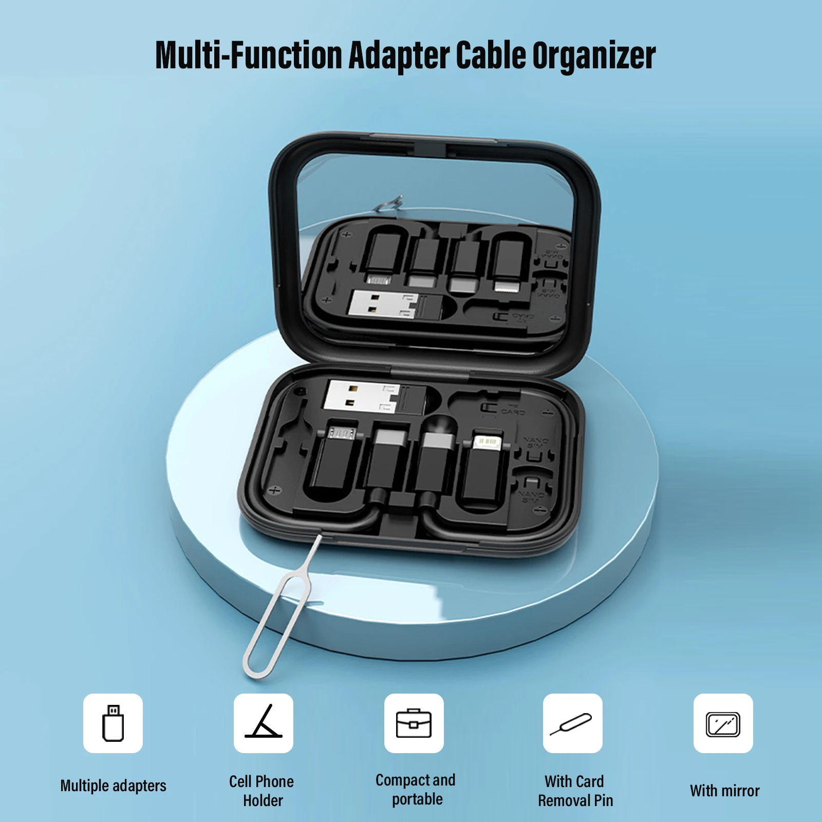 8 in 1 USB Adapter Cable Organizer,Cable Kits, Cable Case Storage Box,Contains Sim Card Slot Tray Eject Pin,Use as Phone Holder