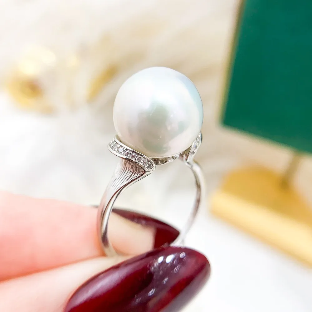 DIY Pearl Accessories S925 Sterling Silver Ring with Empty Holder, Gold and Silver Large Bead Silver Jewelry Fit 11-13mm Circle