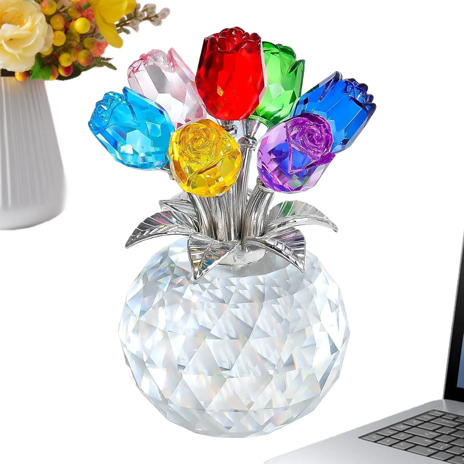 Kristallfarbene Rosen-Dekoration mit Vase, Bunte Rosen-Liebes-Heimdekoration, Kristallblumen-Figuren, Tischdekoration, Bunter Rosenstrauß